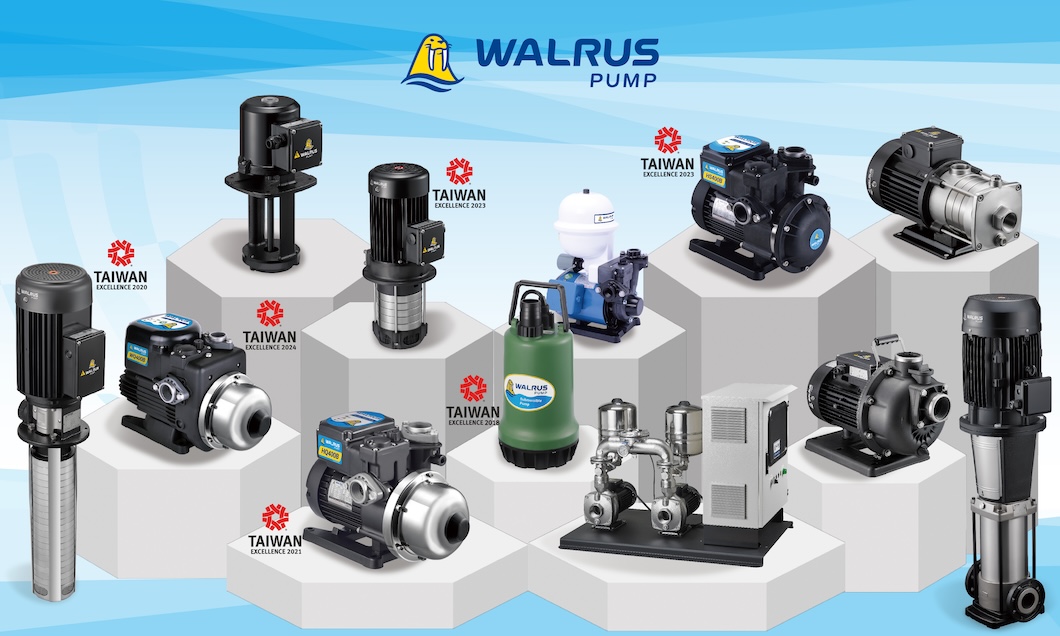 A selection of award-winning Walrus water pumps displayed on pedestals, showcasing various models recognized for their excellence.