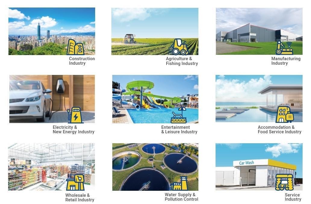 A grid of nine images showcases the professional use of water pumps across industries. 