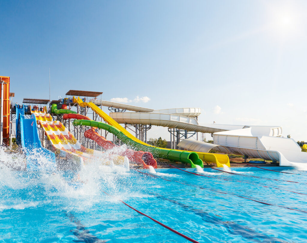 Water,Park,,Bright,Multi Colored,Slides,With,A,Pool.,A,Water