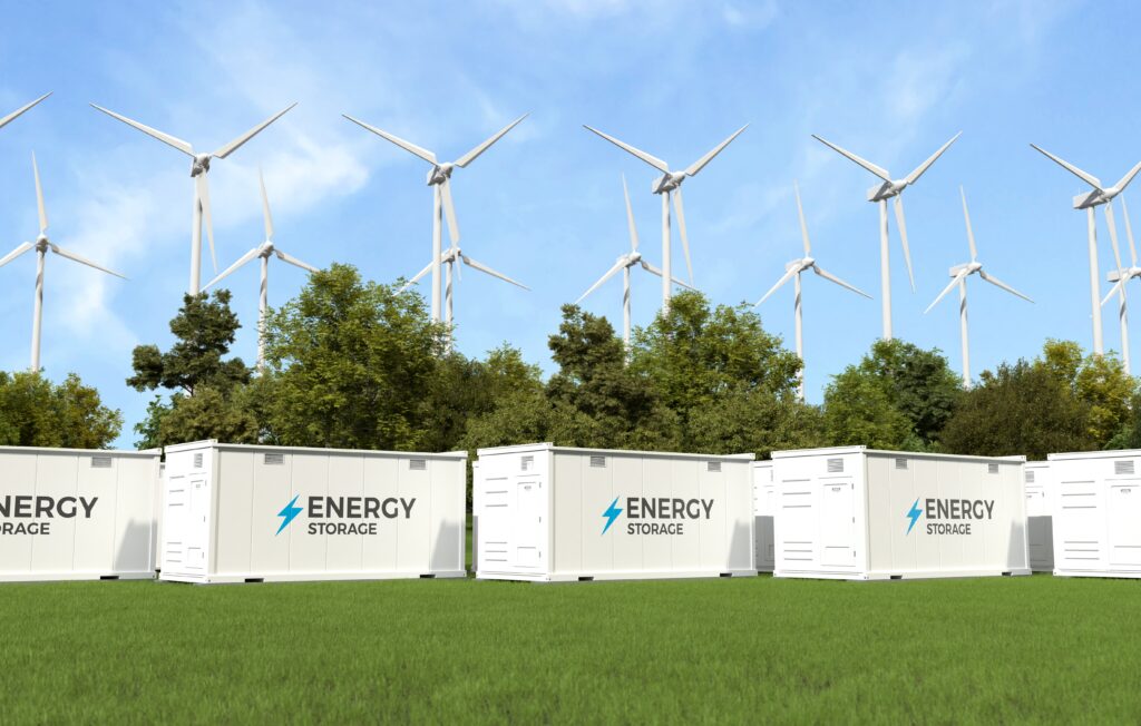 Energy,Storage,System,With,Wind,Turbine.,3d,Illustration