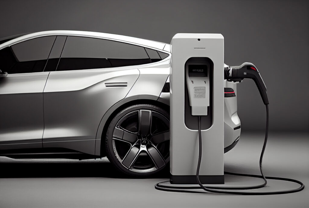EV car with Electric charging station charger background. Techno